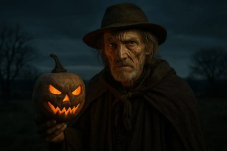 Un hombre de aspecto rudo y antiguo, representando a Stingy Jack de la leyenda irlandesa, sosteniendo una calabaza de Halloween iluminada.