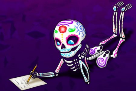 Calaverita de azúcar animada escribiendo versos en un papel, haciendo alusión a la tradición de crear calaveritas literarias para el Día de Muertos.