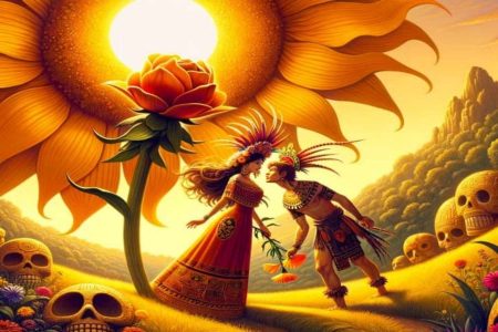 Ilustración de una pareja con atuendos prehispánicos en un campo con calaveras y una flor gigante de cempasúchil, celebrando el amor en el Día de Muertos.