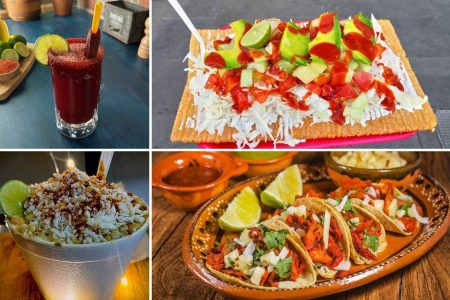 Collage de antojitos de fin de semana populares en México, mostrando la variedad de sabores: tacos, esquites, chicharrón preparado y michelada.