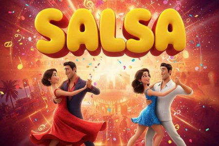 Parejas bailando salsa en una ilustración animada con letras amarillas. Resumen de canciones clásicas de salsa para el público de CDMX y Edomex.