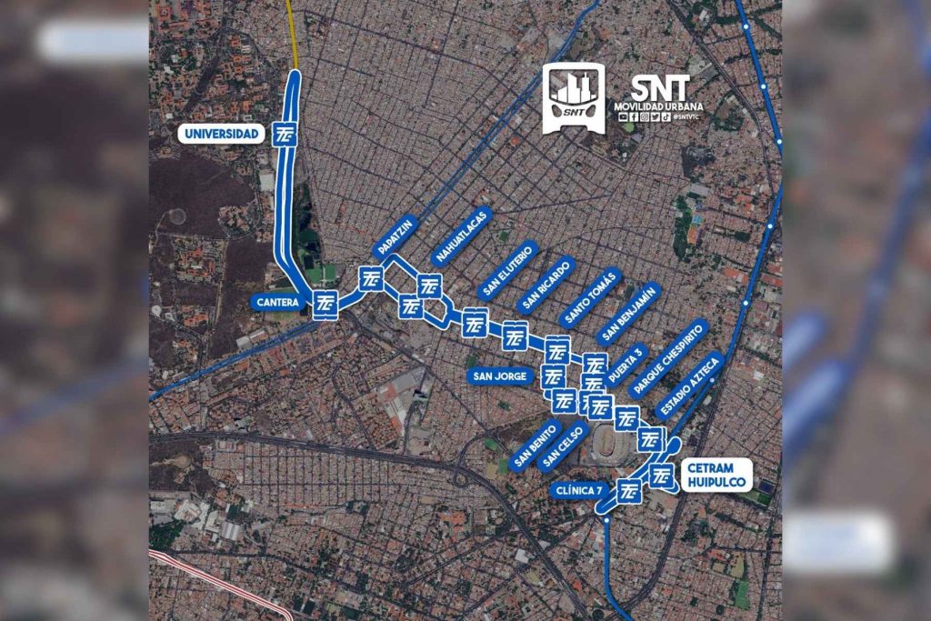 Mapa de la ruta del Trolebús Línea 14 desde Universidad hasta CETRAM Huipulco, pasando por el Estadio Azteca y colonias del sur.