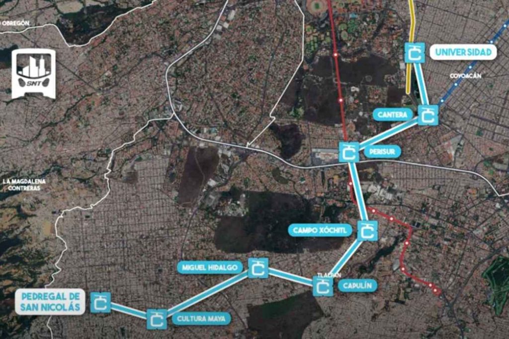  Mapa del recorrido de la Línea 4 del Cablebús desde Metro Universidad hasta Pedregal de San Nicolás, integrando zonas altas de Tlalpan.