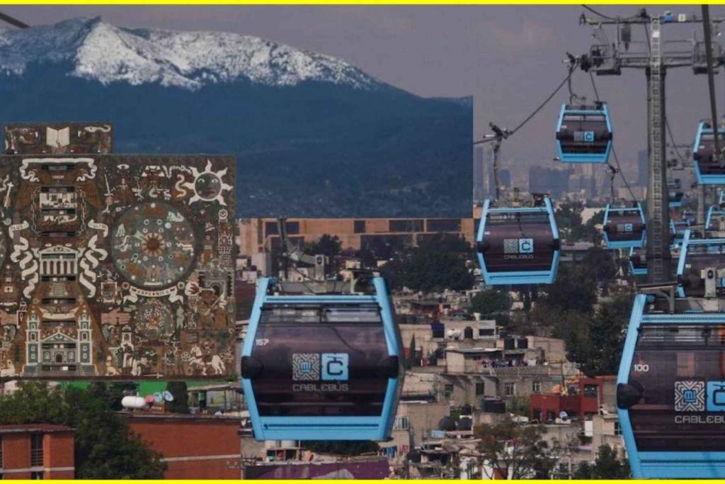  Cabinas del Cablebús con la Biblioteca Central de la UNAM al fondo. El sistema de transporte aéreo llega a Ciudad Universitaria en 2026.