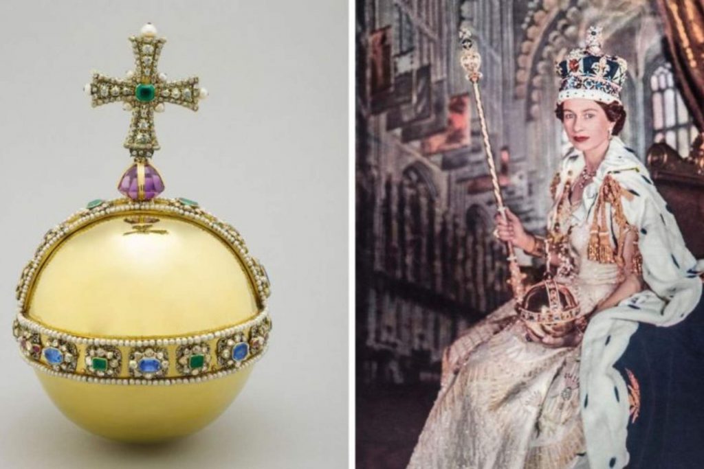 Comparativa entre el Orbe del Soberano de la corona británica y la Reina Isabel II portando las joyas reales durante su coronación.