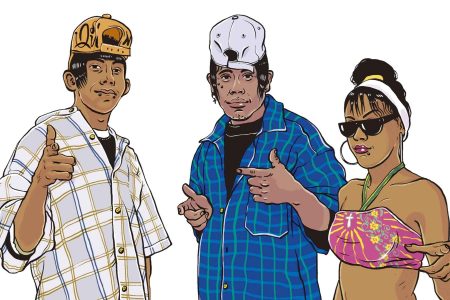 Ilustración de tres jóvenes pertenecientes a la subcultura de los cholombianos en Monterrey, México, con vestimenta característica y peinados icónicos.